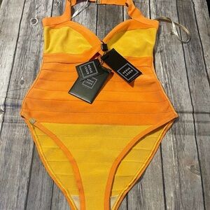 Herve Leger Veronika Orange and Yellow Bandage Swimsuit